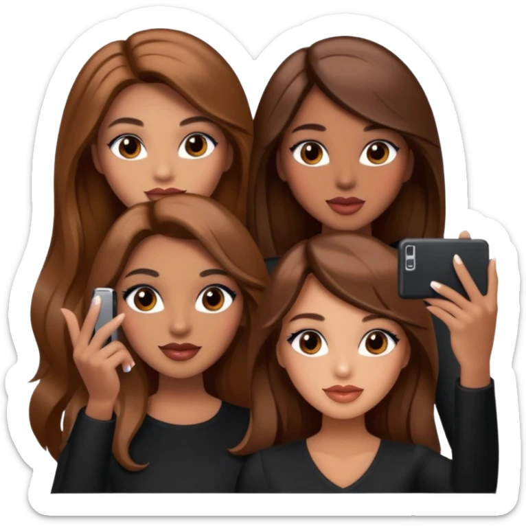 Glam girls in a group of 3 friends , taking a selfie with long brown hair, light brown  sticker