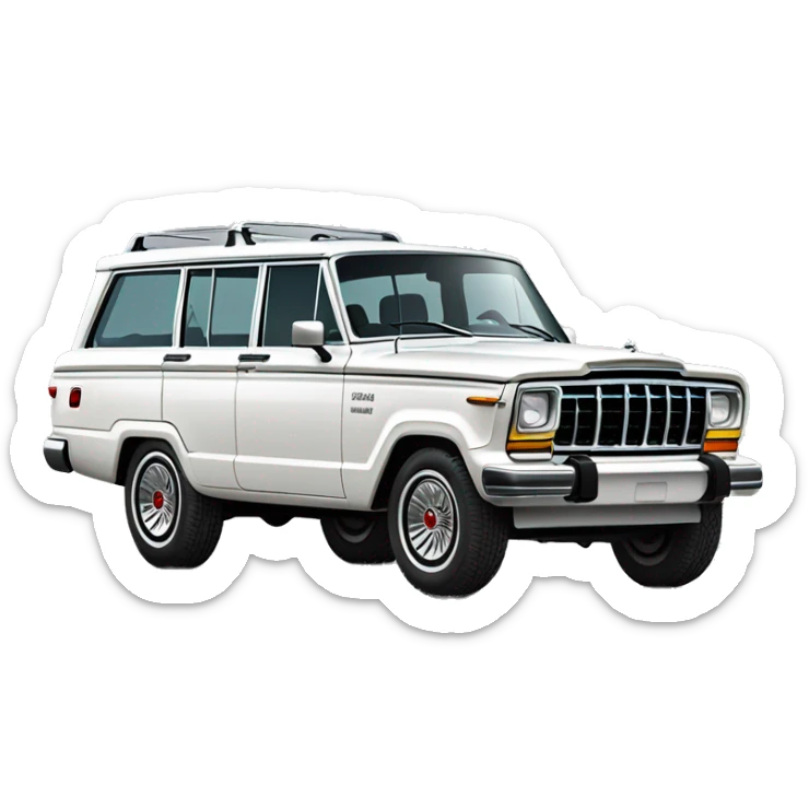 modern white Jeep Wagoneer SUV, sleek design, iconic seven-slot grille, large wheels, and smooth body curves. sticker