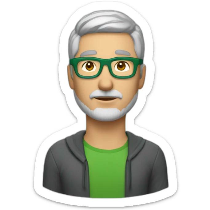 50 year old caucasianman with very short cropped gray hair, wearing puma glasses with a green rim having a three days' stubbled beard sticker
