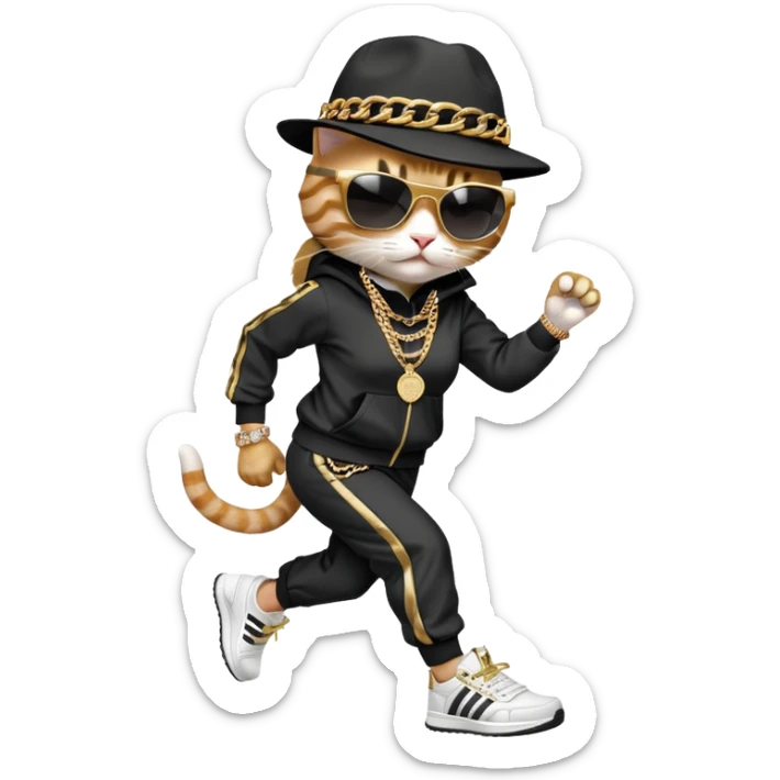 female cat running upright wearing Run DMC hip-hop outfit, tracksuit, fedora, Adidas sneakers, dark sunglasses, many gold chains, bling accessories (rings, bracelets, earrings) sticker