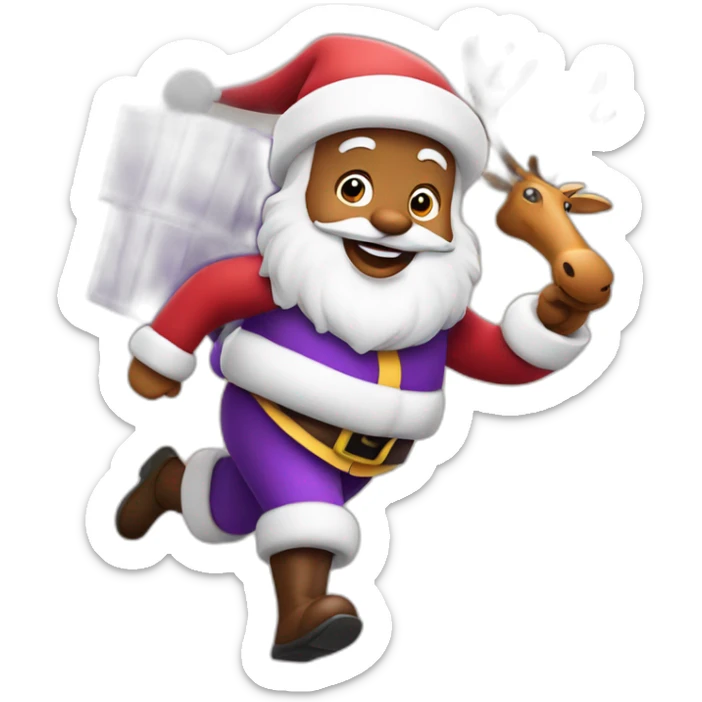 Santa Claus dressed in purple running with the reindeer to deliver the presents sticker