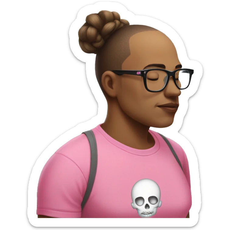 A man with a shaved skull in a pink t-shirt and glasses kisses on the lips a woman with long hair tied in a bun and bangs sticker