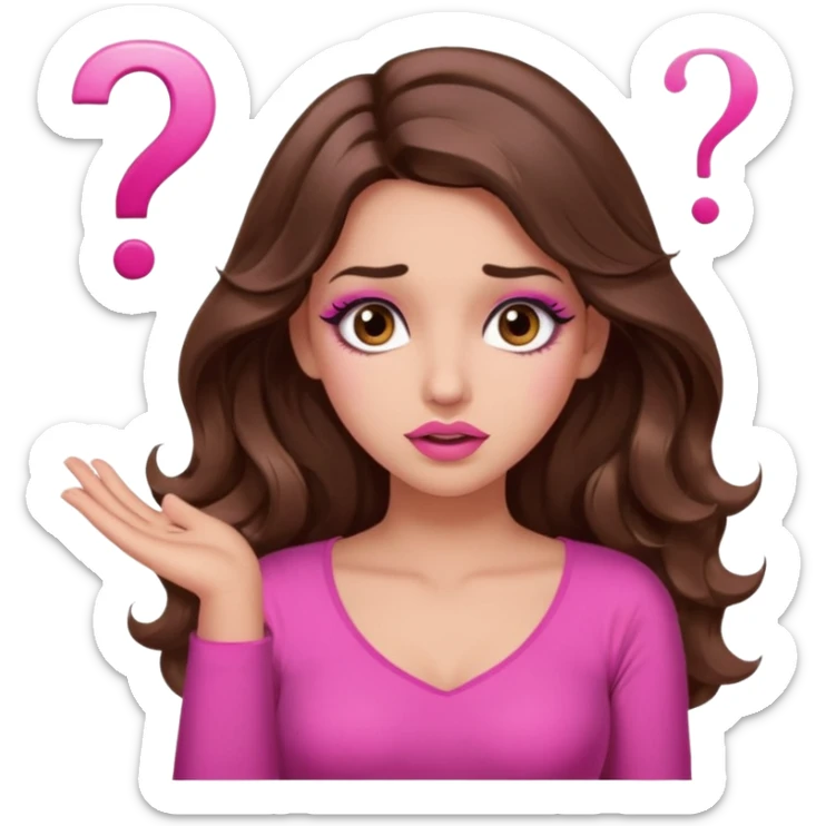 girl with long wavy brown hair, brown eyes, long lashes makeup, sexy pink lips, light to medium complexion, pink sexy top,, shrugging with both hands, confused, question mark sticker
