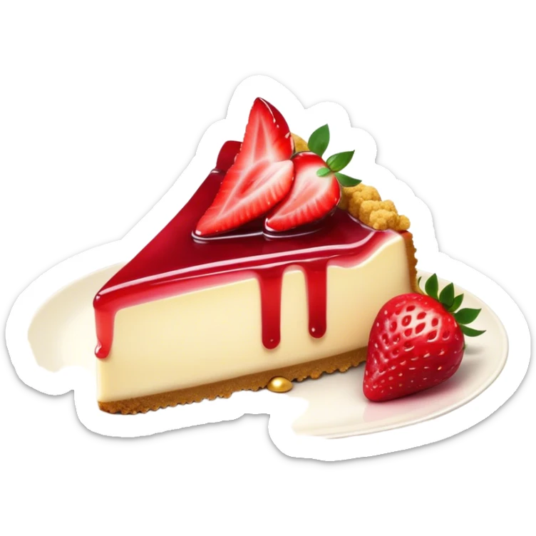 Cinematic creamy cheesecake, smooth and velvety, topped with fresh strawberries and a glossy fruit glaze, golden crumbly crust, beautifully plated, soft glowing background, indulgent and elegant. sticker