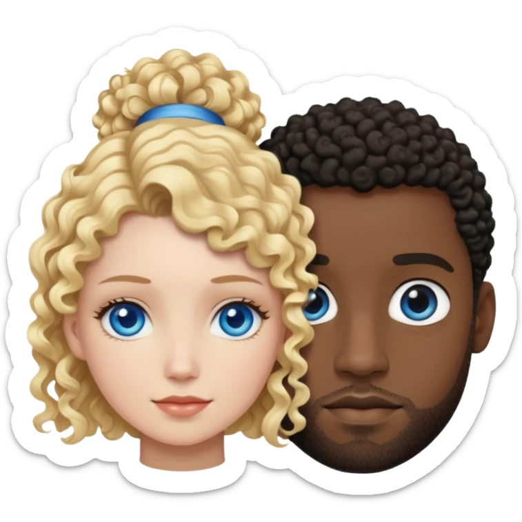 White woman with blue eyes and curly hair next to a black man with short black curly hair sticker