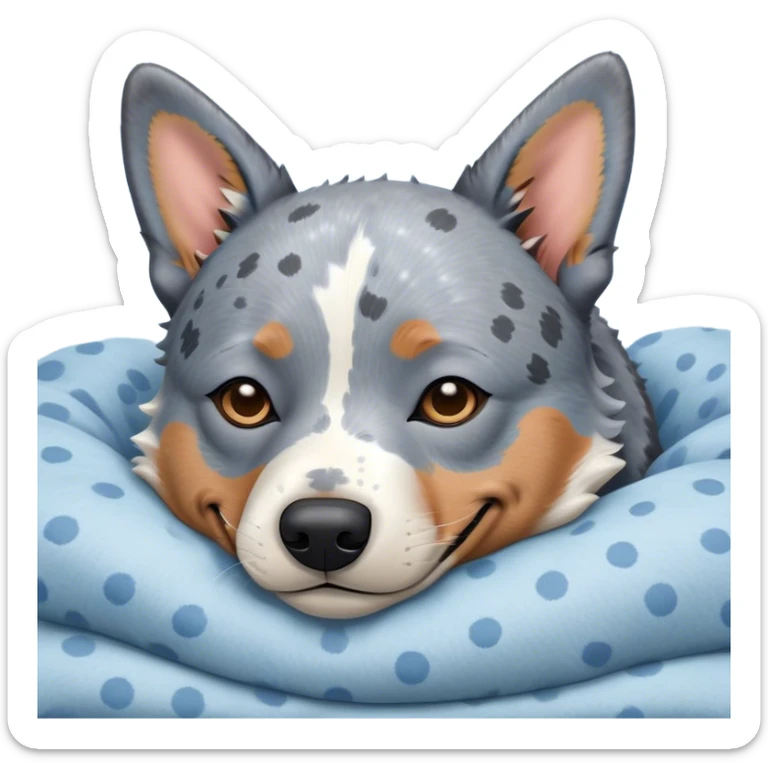 Meme-Worthy Cute Sleeping Blue Speckle Australian Cattle Dog Portrait Emoji, Head resting peacefully with a contented smile, showcasing a robust build and a luxuriously soft blue speckle Fur, eyes shut in a serene nap, Simplified yet hilariously adorable features, highly detailed, glowing with a soft, drowsy light, high shine, relaxed and utterly lovable, stylized with an air of playful laziness, bright and heartwarming, soft glowing outline, capturing the essence of a comically sleepy herder, so meme-worthy it feels like it could instantly become the next viral sensation of adorable slumber! sticker