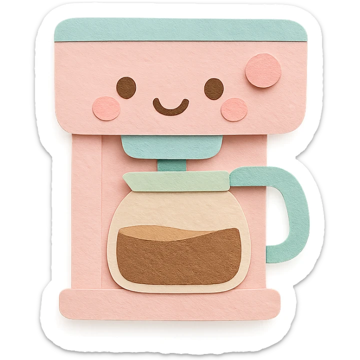 kawaii coffee machine, full body, cute smiling face, soft pastel colors sticker