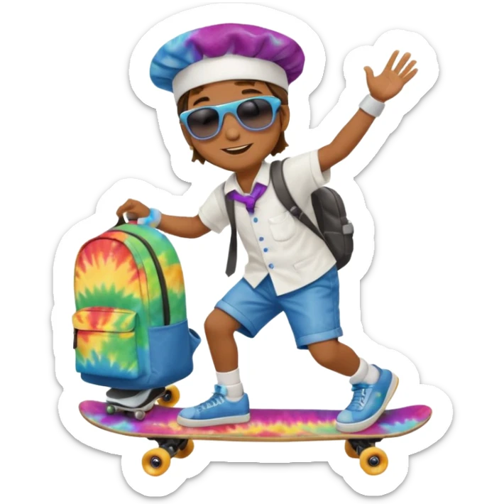 ["A happy boy with brown skin, straight hair, wearing a chef hat and sunglasses, dressed in hippie fashion, is skateboarding while holding a backpack."] sticker