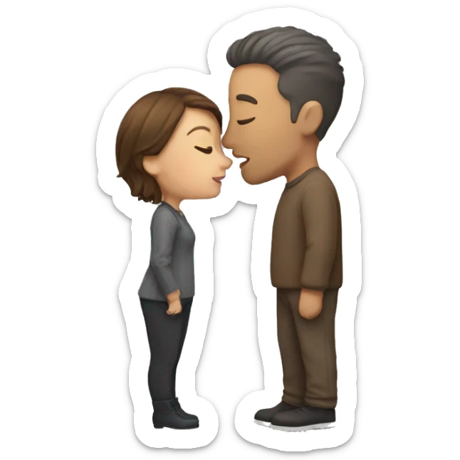 Short woman with brown hair kissing tall man with short hair with some slight gray  sticker