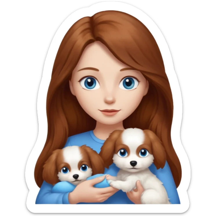 long hair chestnut color blue eyes woman holding small completely white dog sticker
