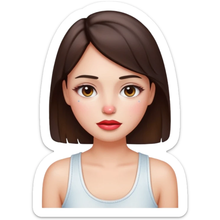 “Emoji brunette girl white tanktop, dewy skin, heavy blush across cheeks and nose bridge, glossy cherry lips, soft eyeliner, teary sparkling eyes like hanni from new jeans sticker