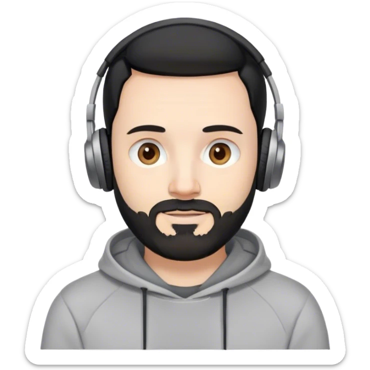 black hair, pale skin man with beard, 40 year old, round brown eyes, soft smile, wearing grey pro headphones with grey sweatshirt sticker