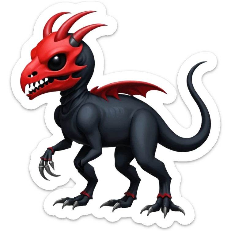 Shiny Dark Edgy  Duskull-Salandit-Inteleon-Amaura-Fakémon-hybrid-creature (full body) with a horned animal-skull-mask sticker