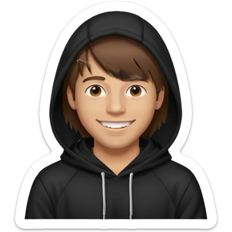 20 yr old man, brown hair, straight, big smile, white teeth, tanned skin, bangs, black hooded sweatshirt, long hair in back, center-parted bangs sticker