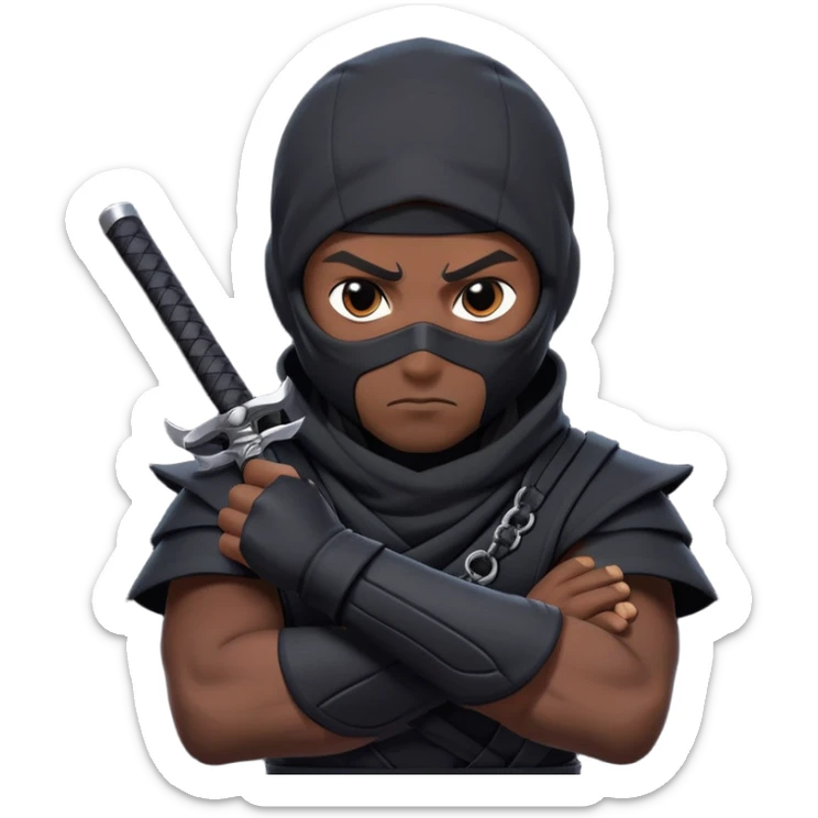 clash-of-clans-aesthetic_-cinematic-mysterious-male-ninja-portrait-emoji, rendered in a flat, vector-style with minimal shading and bold, simplified shapes, his arm is stretched out  with a head slightly turned revealing intense, focused eyes. the ninja has his arm out and perched on top of his forearm is  a black crow sticker