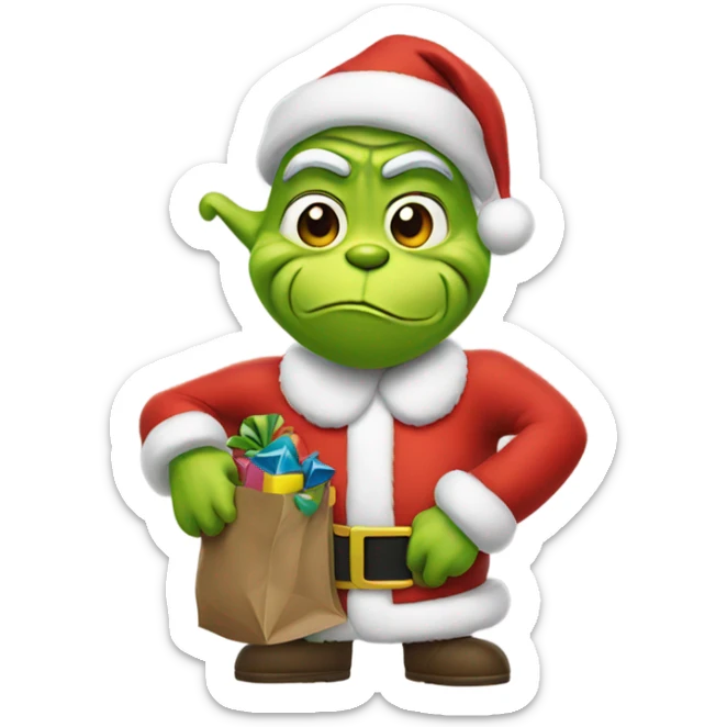 Grinch wearing Santa outfit with a bag of toys sticker