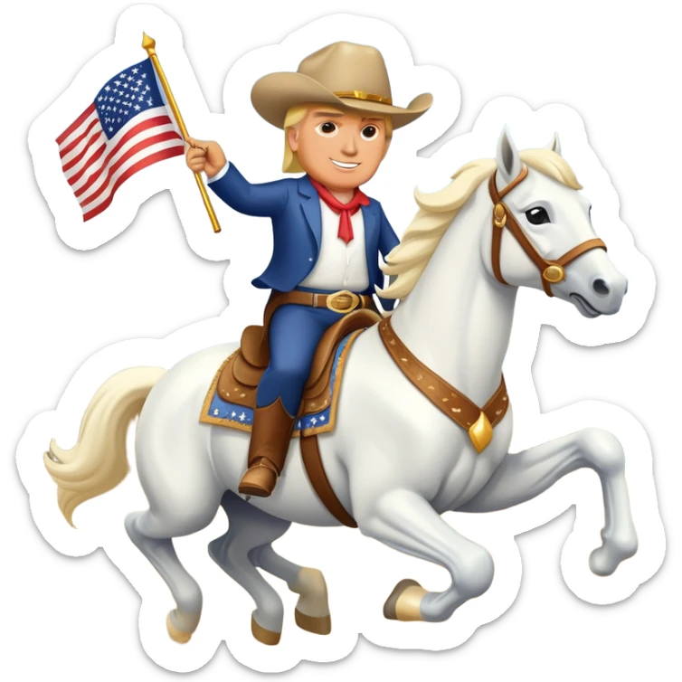 A cartoon-style emoji of Donald Trump riding a majestic white horse, wearing a cowboy hat and a confident smile, with a small American flag in his hand. The horse is galloping energetically, and the background is a simple desert landscape with a few  sticker