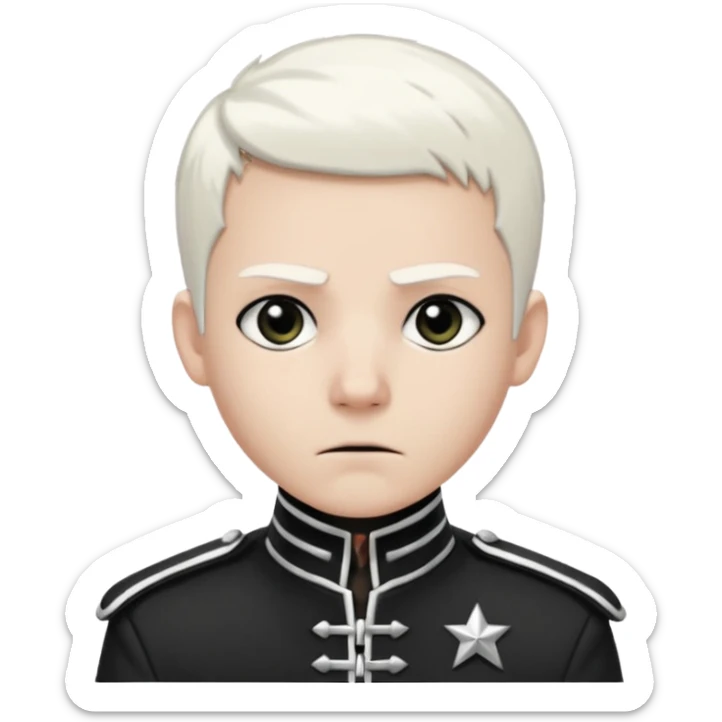 Head and shoulders emoji of a pale man with short white hair, wearing a black marching band jacket with silver trim. black eyeliner. Expression stoic, commanding, and theatrical, heroic emo style sticker