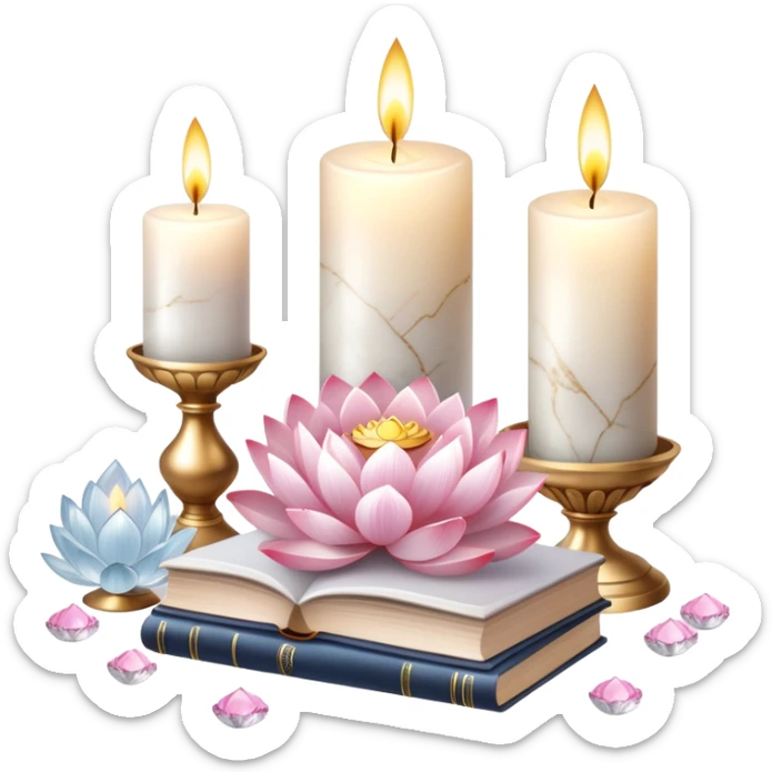 Aesthetic candles, flower petals, books, marble stand, crystal stones, lotus, feathers, zen, decoration, meditation,  sticker