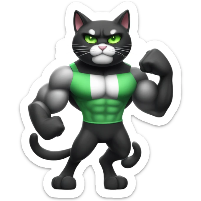 Ultra Muscular gigachad black and white Cat with green eyes flexing His biceps full body  sticker