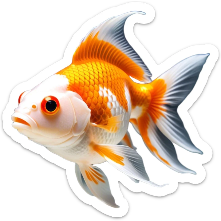 Cinematic Noble Orange and White Goldfish Portrait Emoji, Poised and regal, with a sleek, streamlined build and a vibrant body featuring a harmonious blend of orange and white hues, deep-set soulful golden eyes, Simplified yet sharp and sophisticated features, highly detailed, glowing with a soft, dignified glow, high shine, intelligent and graceful, stylized with an air of aquatic artistry, focused and attentive, soft glowing outline, capturing the essence of a watchful and confident aquatic companion, so majestic it feels as though it could glide out of the screen with effortless authority! sticker