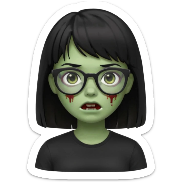 A zombie girl in Apple Memoji format with straight black hair with bangs, wearing a black shirt and black glasses sticker