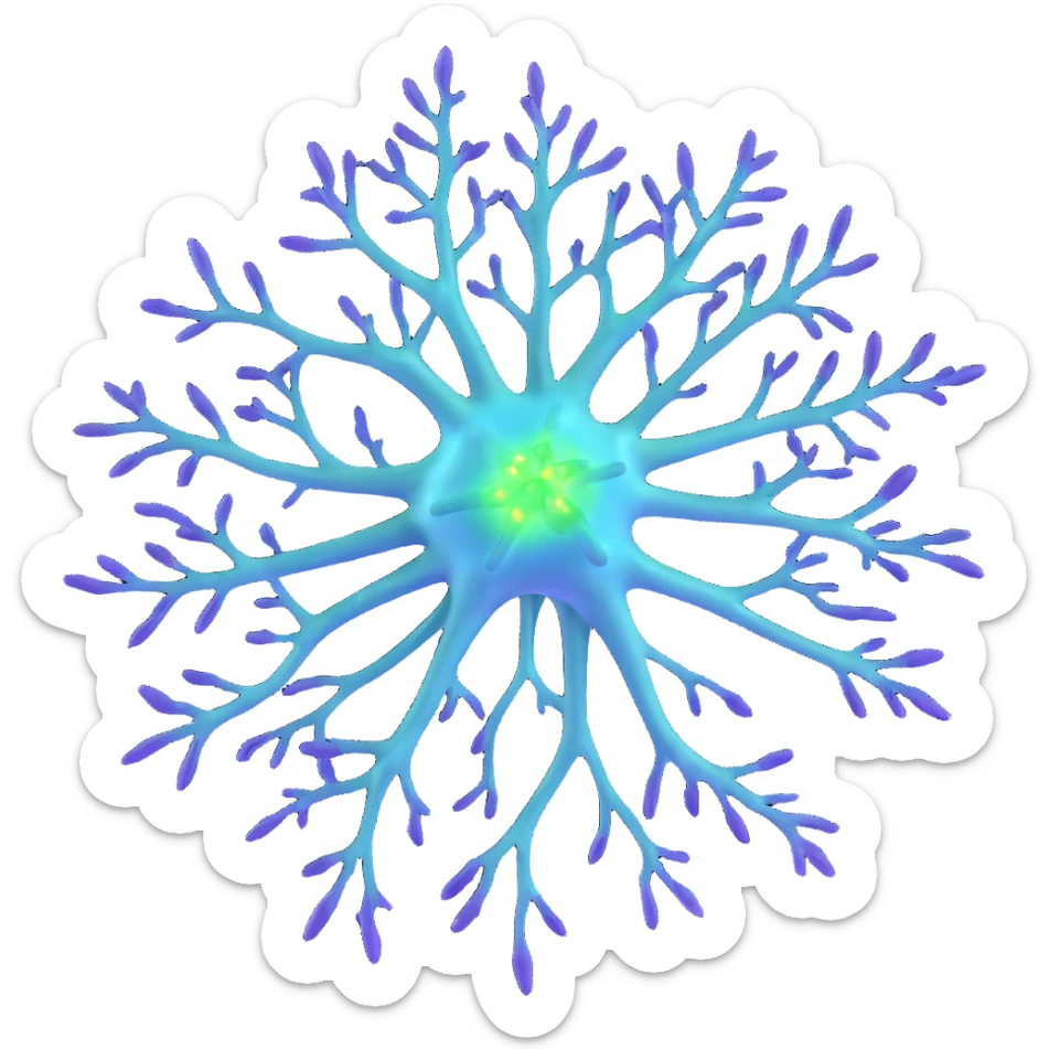 3D scientific neuron with blue soma, purple dendrites, green axon with myelin, surrounded by radiant shield-like protective aura, highly detailed realistic 3D rendering sticker
