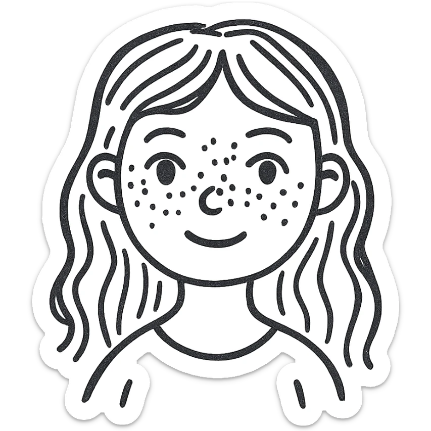 a girl with warm brown slightly wavy hair, blue eyes, and lots of freckles, hand-drawn sketch style sticker