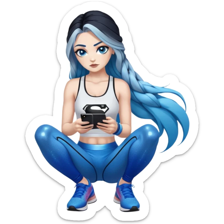Shameful-Female-very very very large chest-texting on a samsung cell phone-very long straight braided black to sky blue hair ombre-blue eyes-black eyeliner-long eyelashes-iridescent low cut tank top with glitter superman logo-white leggings-nike high top sneakers sticker