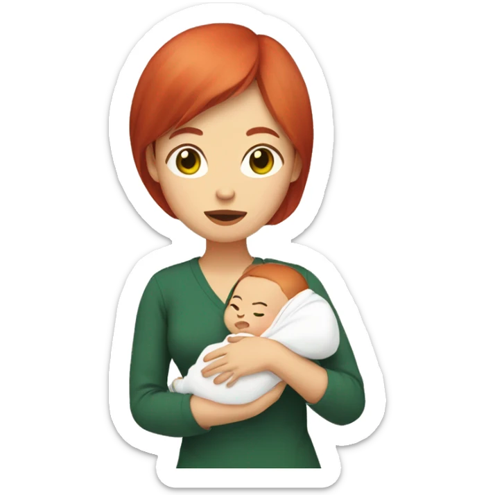 Asian woman with red hair and green eyes holding a baby in her hand sticker