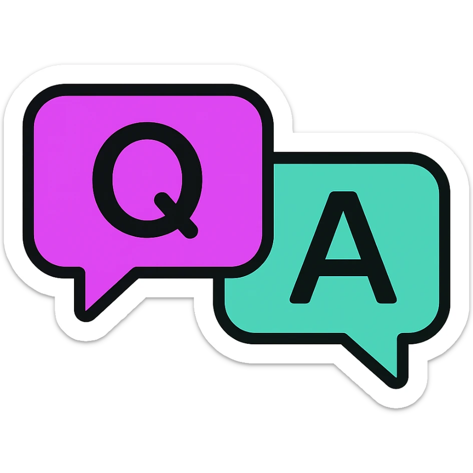 Enhance the purple and teal colors of the chat bubbles to be more vibrant and saturated while keeping the Q and A letters clear and maintaining rounded corners in a minimal modern icon style. sticker