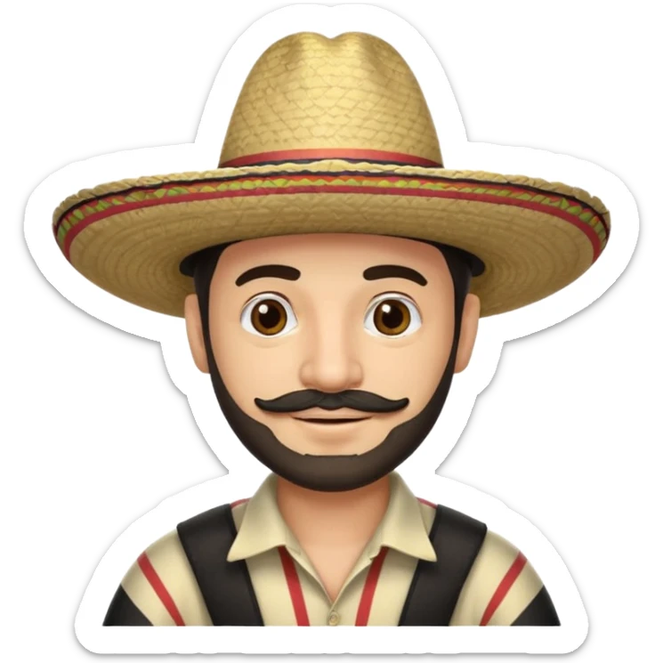 A happy fair skinned Colombian man with some facial hair wearing a black and beige stripped Colombian sombrero sticker