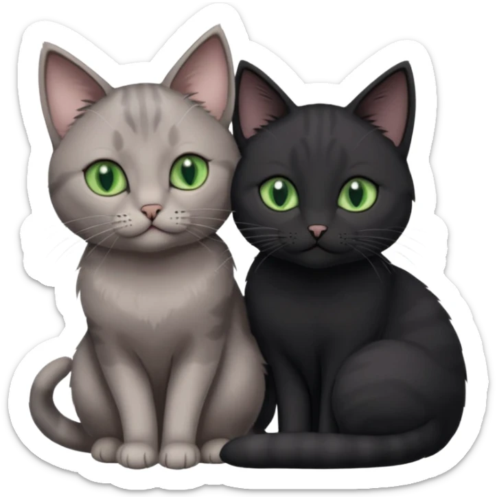1 regal looking grey cat with pastal green eyes and 1 black with green eyes cat cuddling sticker