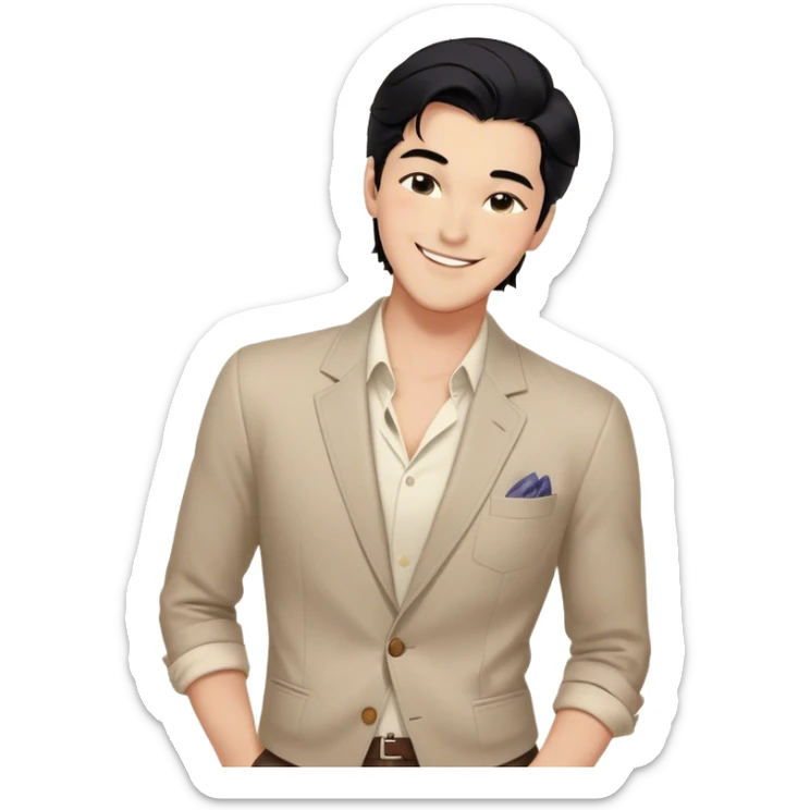 A confident man with black hair, a charming smile, and a stylish outfit. He stands with a relaxed posture, winking at someone, exuding an air of charm and charisma. His appearance is well-groomed, and he gives off a confident yet mischievous vibe, with one eye closed in a playful wink sticker