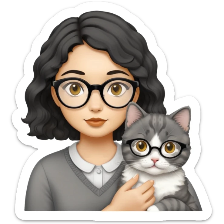 Young woman with oval face and warm yellow-toned skin, black wavy hair, thin-framed glasses, holding a grayish-white Munchkin cat with short legs and charcoal-gray marking under its mouth sticker