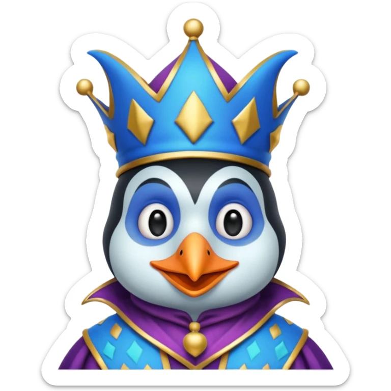 crazy colorful little penguin jolly joker, medieval, vintage, court jester, mac os icon, blue color sticker