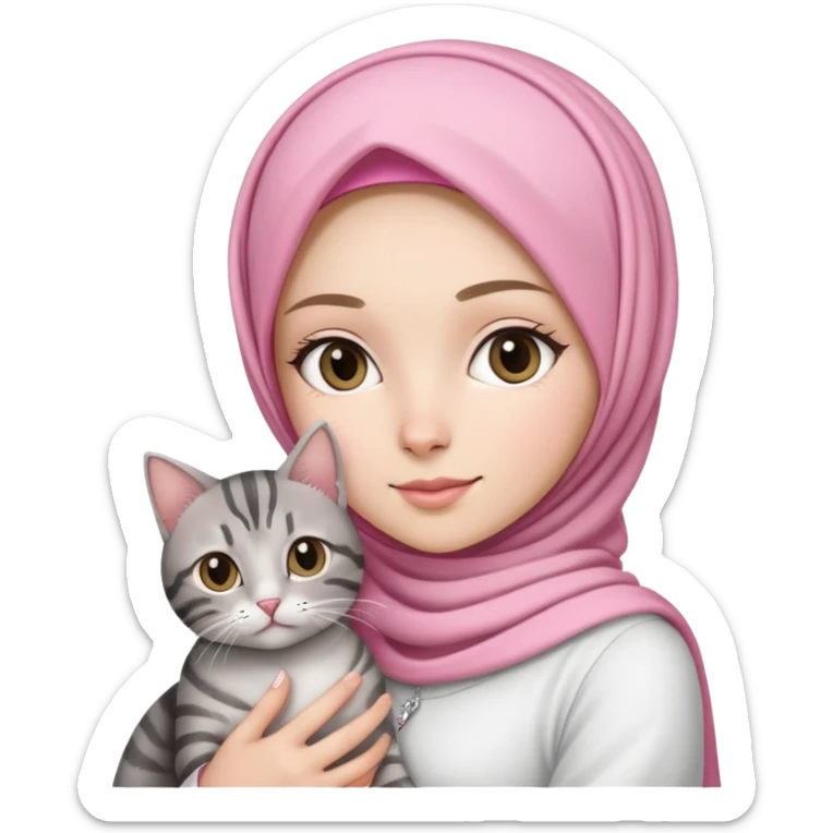 White girl wearing pink hijab with white dress holding a black and grey tabby cat sticker