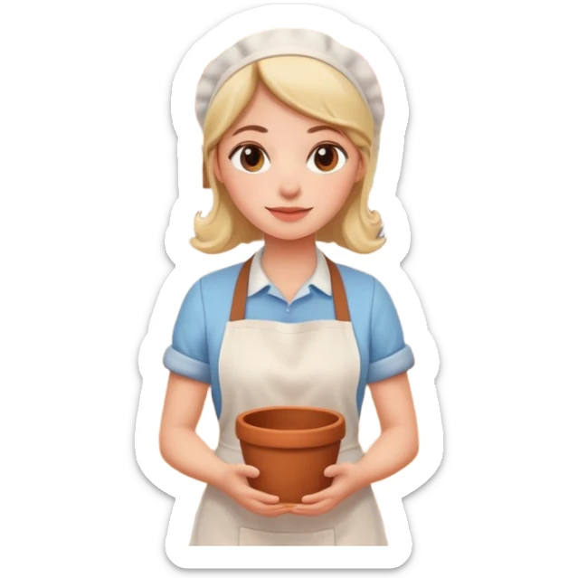 cartoon Apple iOS emoji style woman, pastel colors, Chilean wooden kitchen background, clay pots, warm light, detailed and clean vector art sticker
