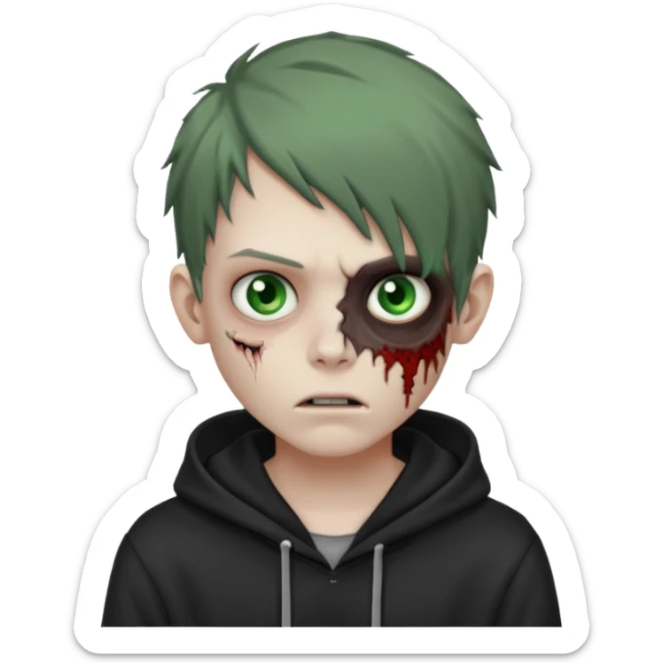 Zombie boy with green-gray eyes, with messy emo brown hair, wearing only a hoodie sticker