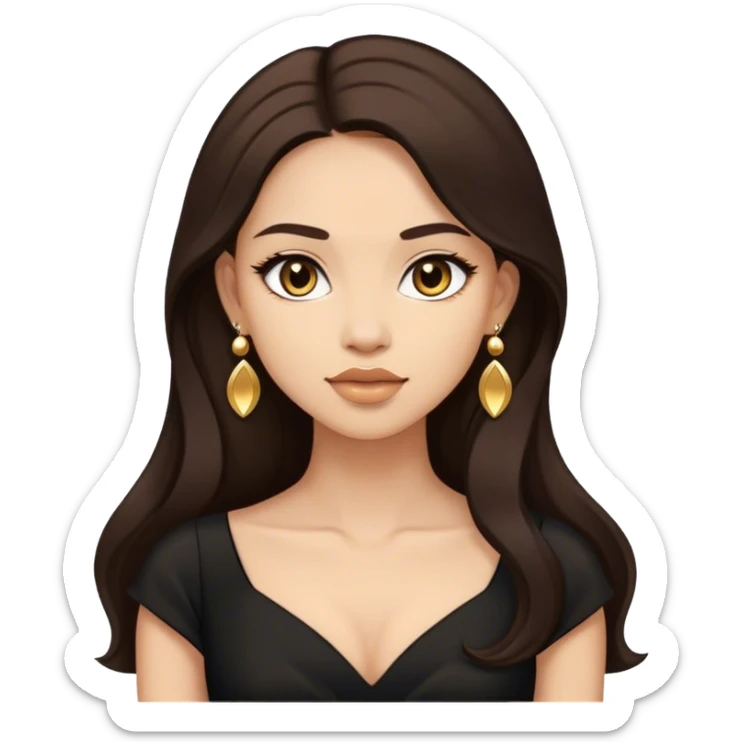 Beautiful woman,cute, long dark brown hair in dark dress with gold earrings sticker