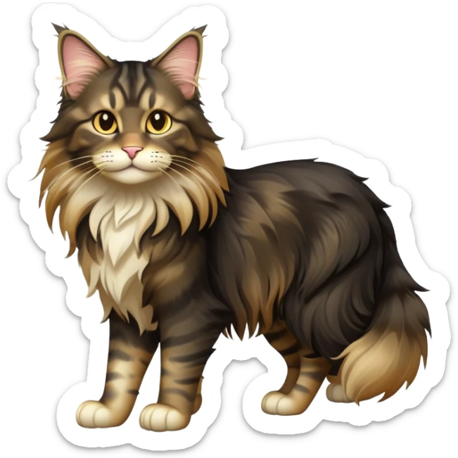 cinematic-black-maine-coon-cat-full-body-on all fours-emoji,-head-tilted-playfully-and-inquisitively,-sleek--black-fur,-simplified-yet-adorable-features,-highly-detailed,-glowing-with-a-warm,-friendly-glow -simplified-yet-realistic sticker
