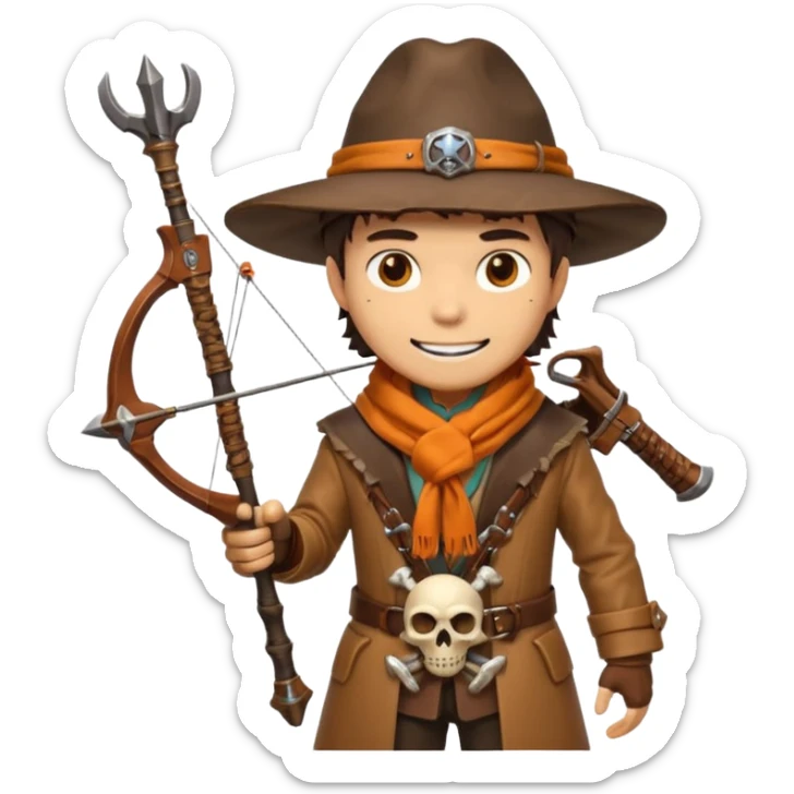 male human monster hunter emoji, wearing brown leather coat and wide hat, holding crossbow, with amulet shaped like skull, Halloween fantasy theme, confident smile, orange scarf, Apple emoji style, clean white background, square image sticker