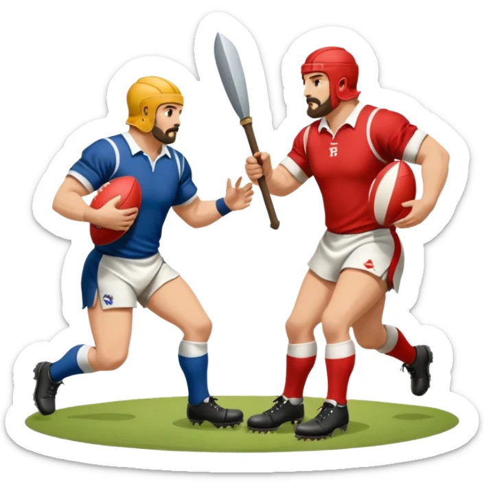 Batalla medieval protagonizada por jugadores y jugadoras de rugby con botas de rugby agarrando armamento y balones sticker