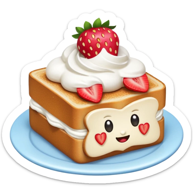 emoji illustration of a square toast topped with fluffy white cream, decorated with a strawberry bow made from two strawberry halves and a small sliced center, bright red and glossy, Clean soft shading, kawaii emoji style, centered object, no plate, no background, high detail, pastel tone sticker