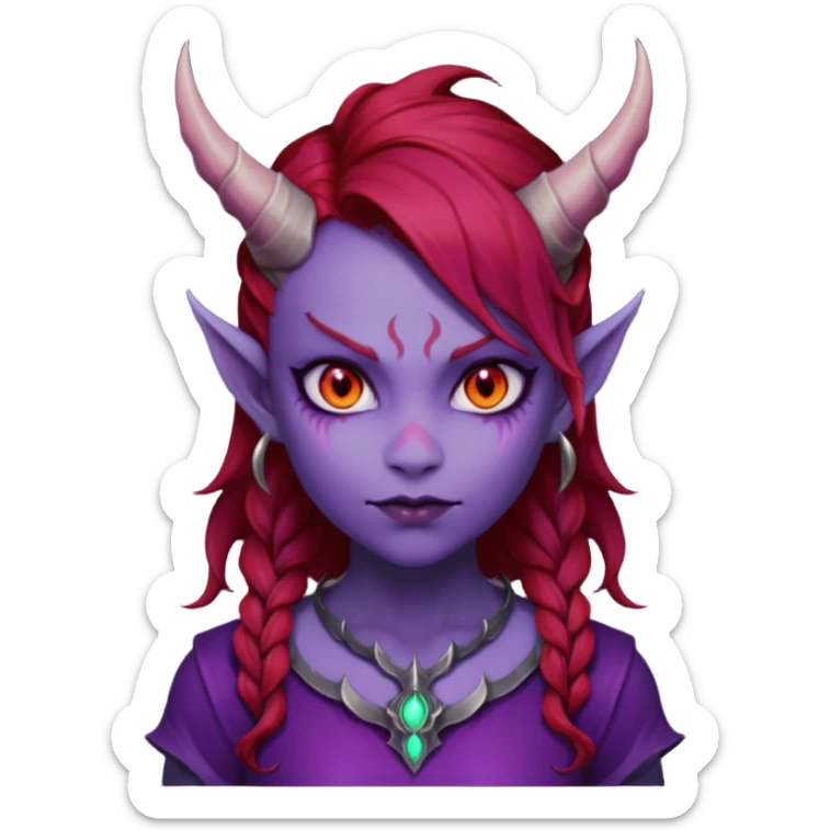 Demon Girl Purple Skin Dragon Horns Black Eyes Red Glowing Pupils Auburn Haired Red Shirt  sticker
