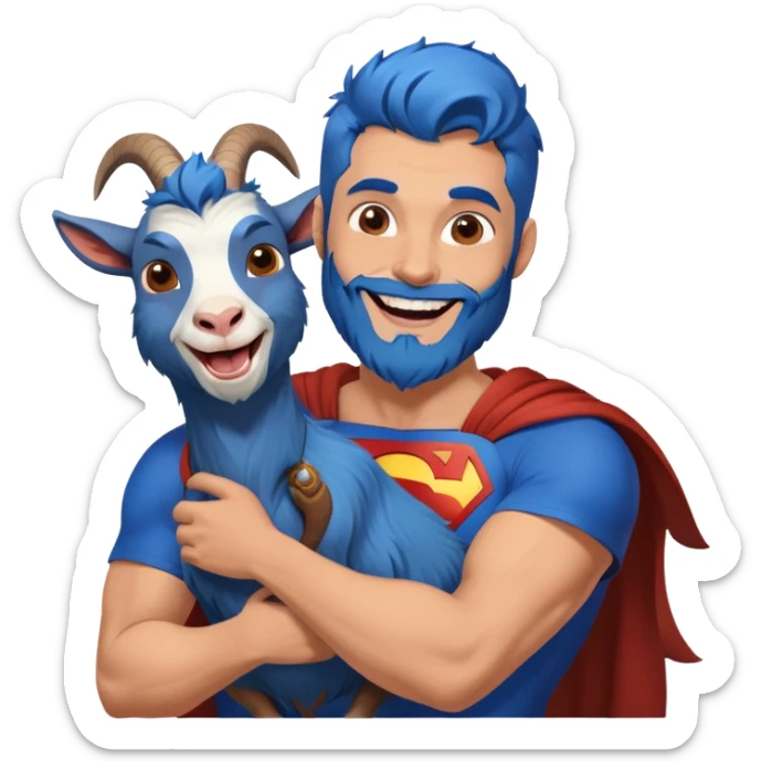 Adult Superman with redish brownish full beard with his arm around a blue hair laughing goat sticker