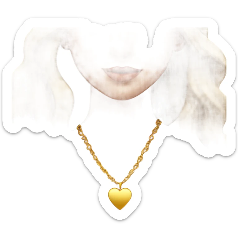 Brunette girl with long hair wavy wearing gold heart necklace white skin sticker