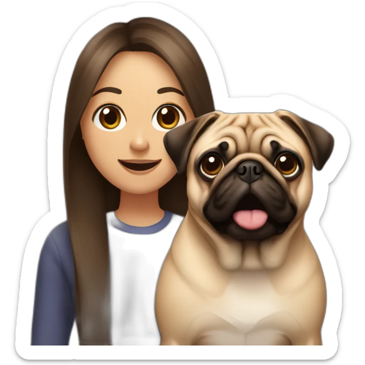 woman with long straight brown hair and a pug with its tongue out in the foreground sticker