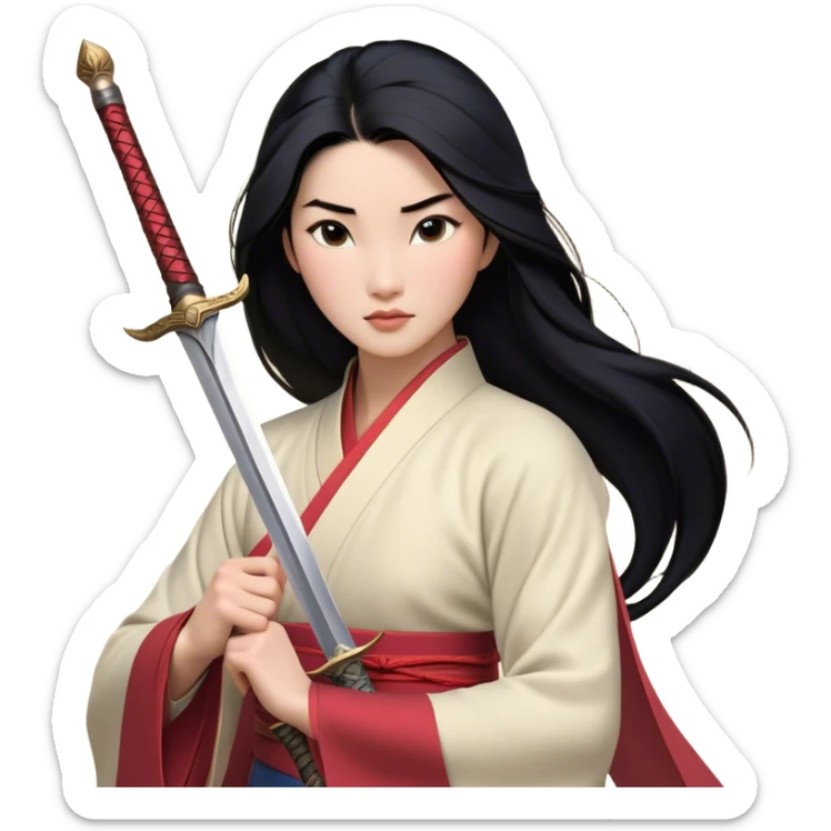 Cinematic Realistic Mulan Portrait, depicted with lifelike skin texture, soft natural lighting, and intricately detailed long black hair styled elegantly. Her deep, expressive eyes exude determination and grace, complemented by a serene yet confident expression. She stands with one hand resting on the hilt of her sword, the other by her side, exuding strength and poise. She is dressed in her classic attire, with rich fabric textures and delicate folds that catch the light beautifully. The portrait features a soft, enchanting glow with a natural, radiant finish, capturing the essence of timeless strength and beauty in a realistic and painterly style, evoking a sense of depth and authenticity. sticker