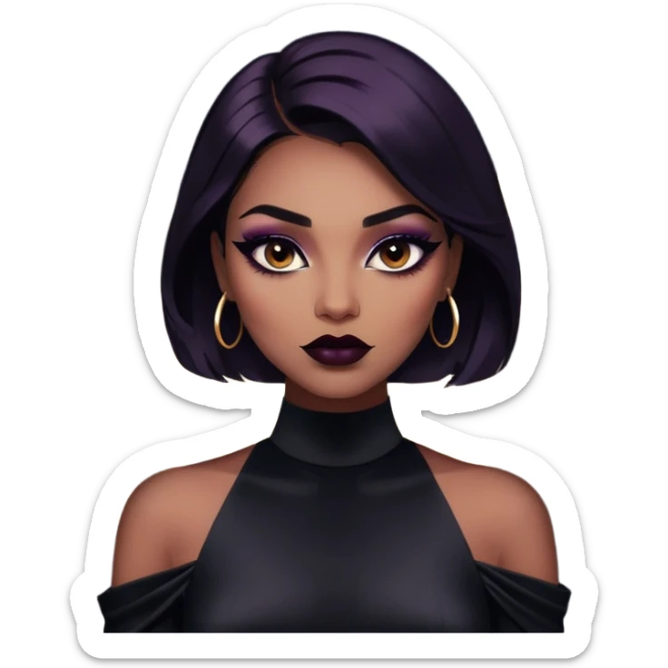 A half-body shot of a woman with bold makeup, including deep eyeliner and dark lipstick. Her outfit is a sleek, black satin dress, and she has a powerful, intense look. The background is a dimly lit, moody space with soft bokeh lights sticker